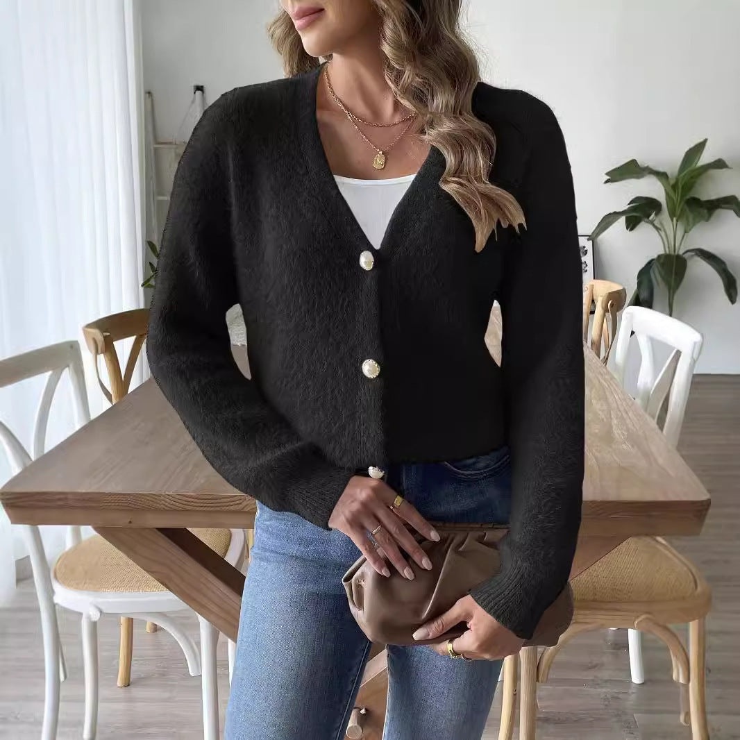 Pearl Buckle Four-button Woven Sweater Cardigan