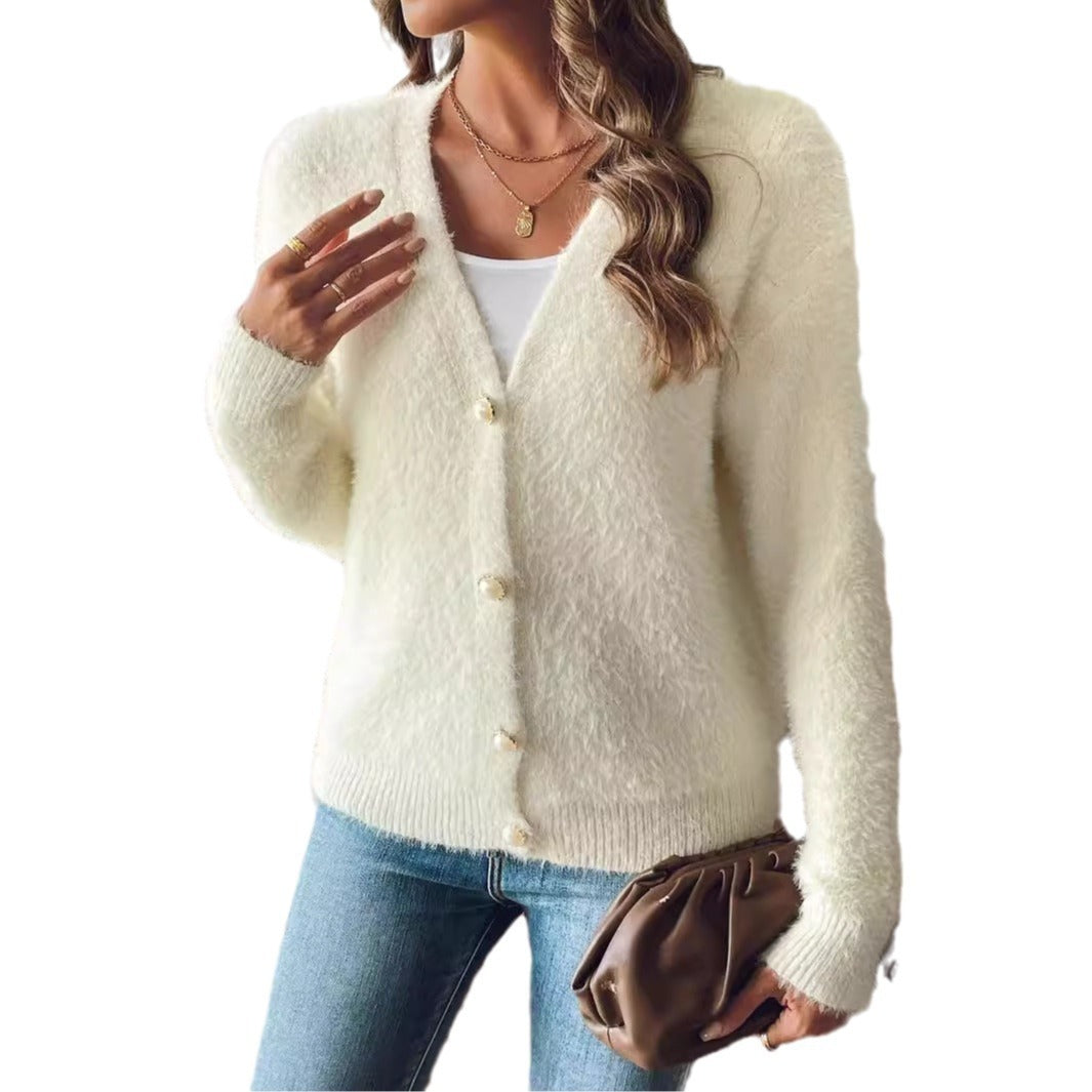 Pearl Buckle Four-button Woven Sweater Cardigan