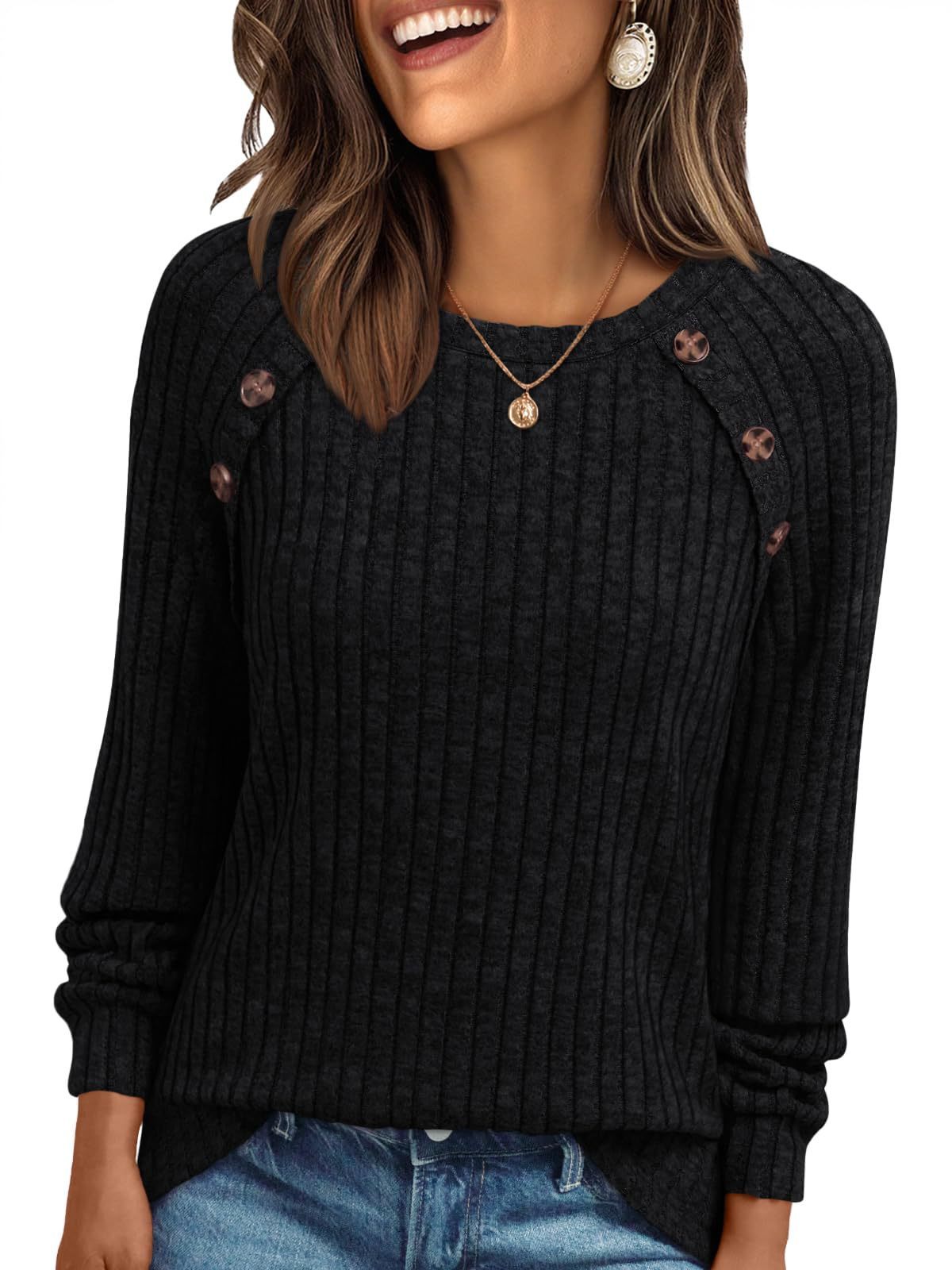 Round Neck Sunken Stripe Brushed Solid Color Top Long Sleeve