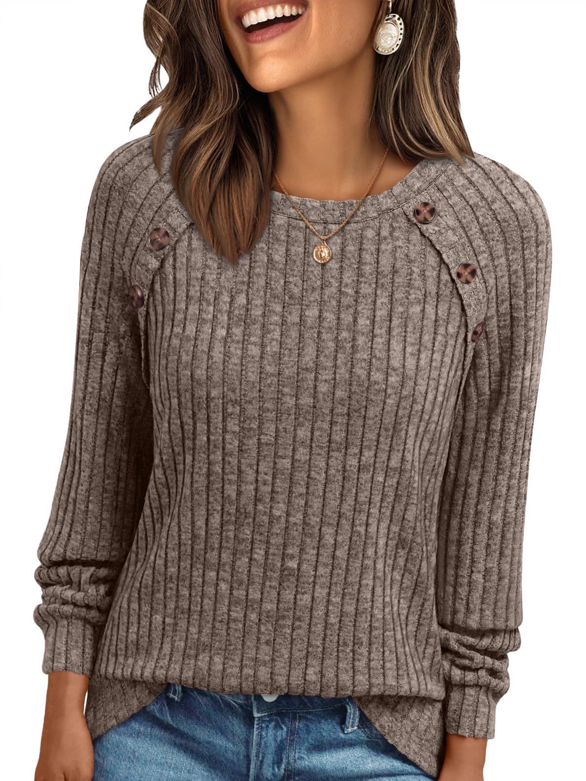 Round Neck Sunken Stripe Brushed Solid Color Top Long Sleeve