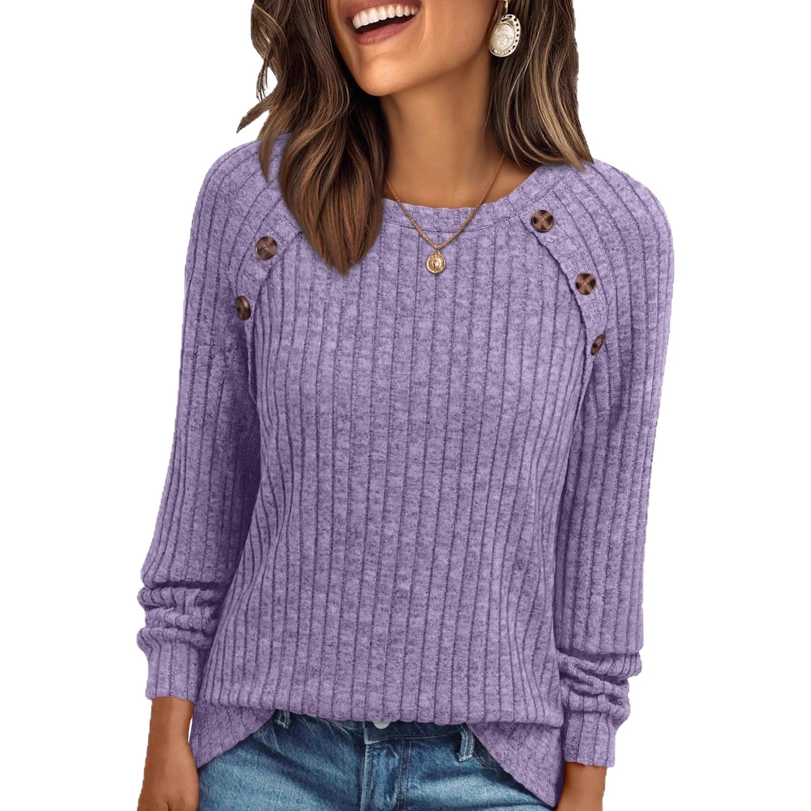 Round Neck Sunken Stripe Brushed Solid Color Top Long Sleeve